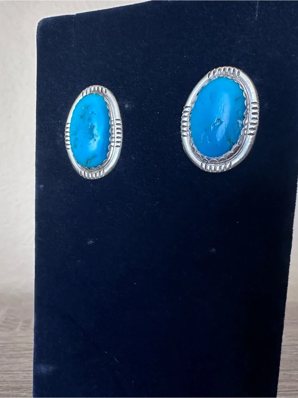 Vintage Navajo Sterling Silver Large Turquoise Oval Cabochons Stud Earrings